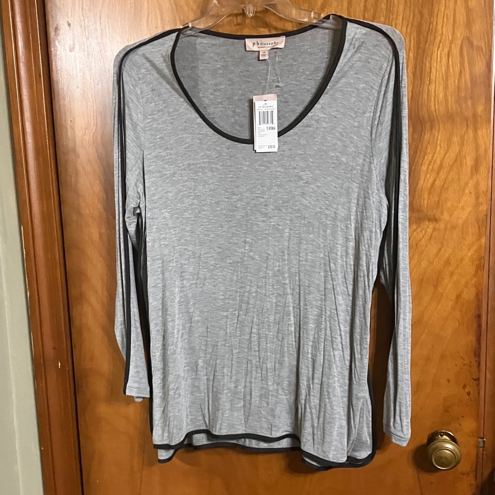 Philosophy Light Gray Long Sleeve Scoop Neck Top with Black Trim